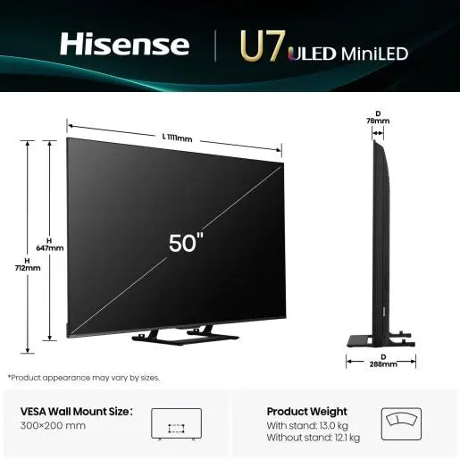 HISENSE 50U7Q, 127.0cm (50"), ULED Mini LED, 4K UHD Smart TV, VIDAA OS