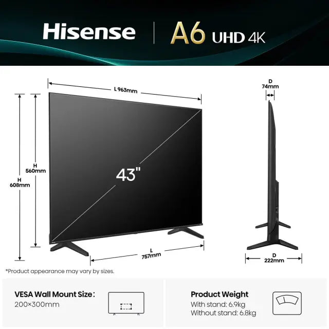 TV HISENSE 43A6Q, 109.2cm (43"), LED, 4K UHD Smart TV, VIDAA OS